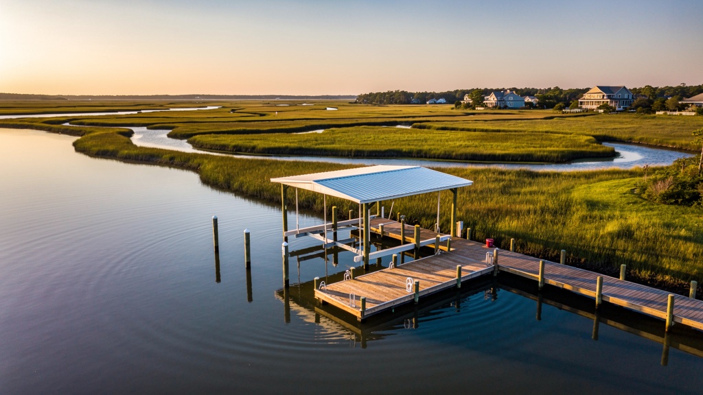 Aerial view of a dock and boat lift on the Intracoastal Waterway at sunset