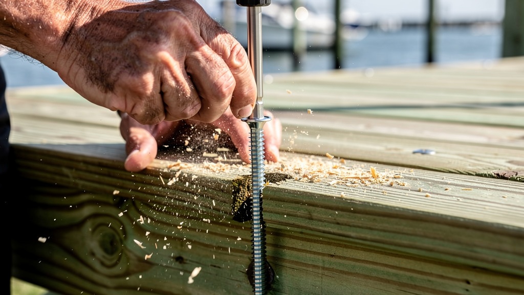 Close-up of stainless steel fasteners being driven into marine-grade lumber