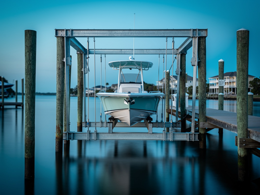 Boat lift at early morning blue hour on Carolina Beach Yacht Basin