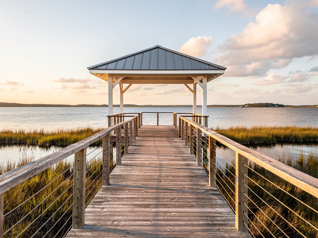 Waterfront gazebo with standing-seam metal roof