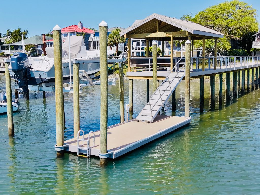 Floating dock platform with gangway and covered gazebo