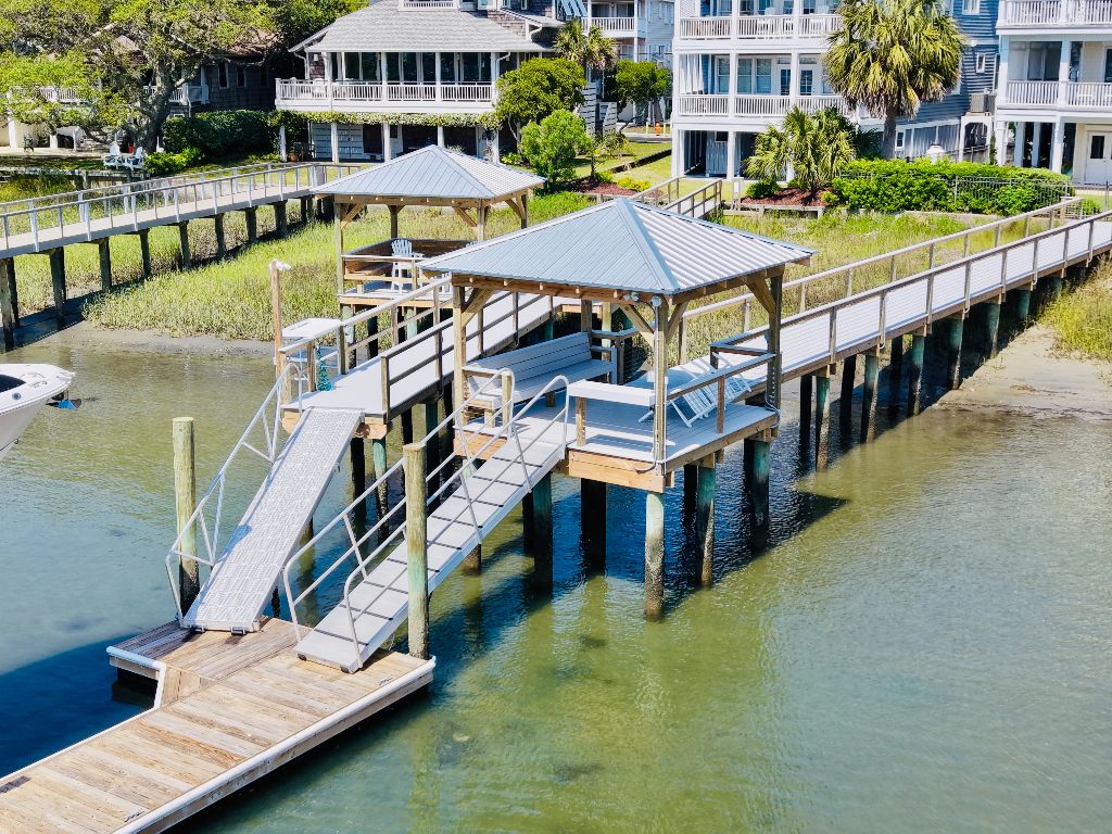 Dock with floating platform, aluminum gangway, and covered gazebo