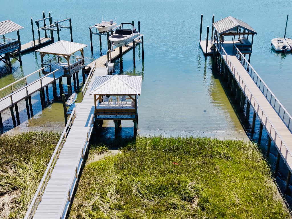 Aerial view of dock system with dual walkways and covered gazebo